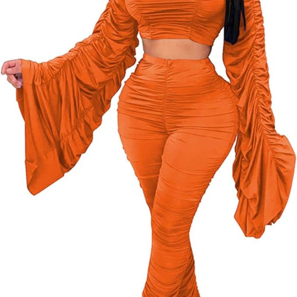 Brand New -2 Piece Outfits Off Shoulder Long Sleeve Top  Ruched Stacked Pants